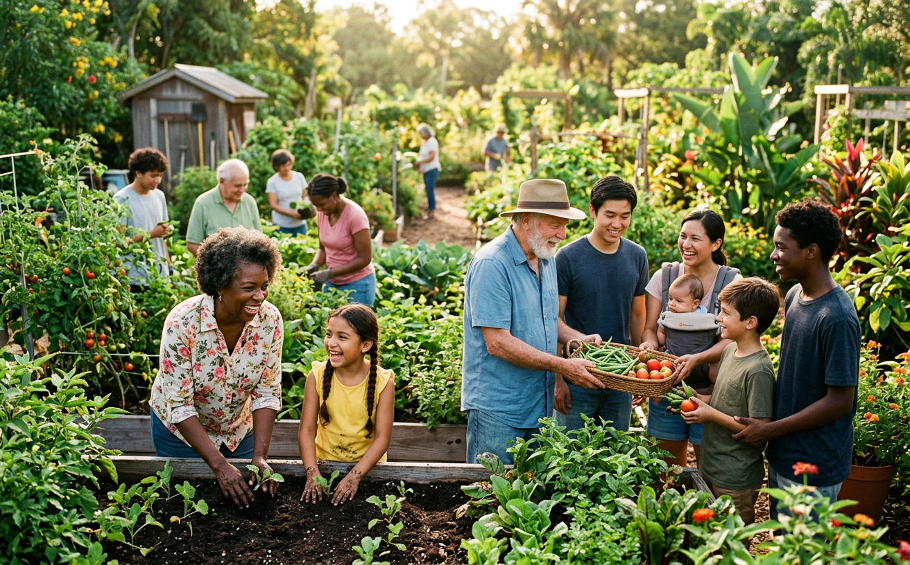 Neighbors working together in a community garden